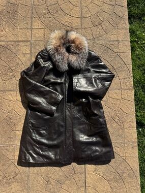 Women's Dark Brown Leather Coat with Fur Collar